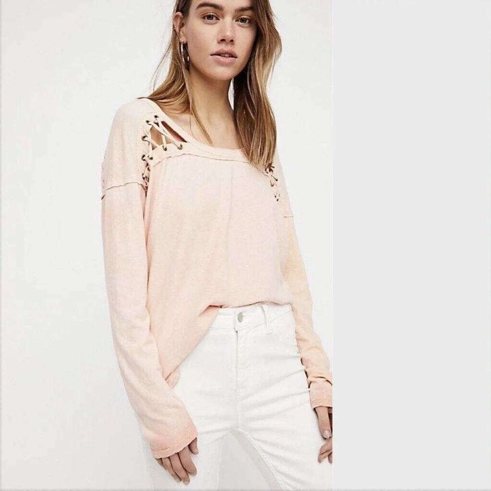 Free People We The Free First Love Lace-up Peach Linen Blend Tee Medium